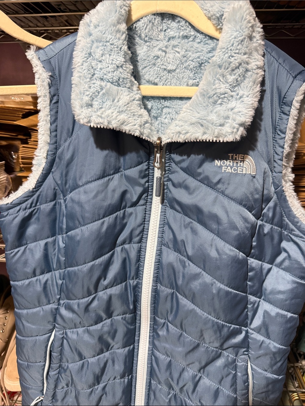 The North Face Women's Light Blue Quilted Vest with Plush Collar